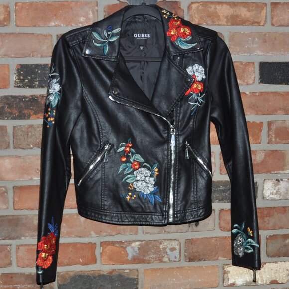 Guess Floral Embroidered Faux Leather Moto Jacket XS - Picture 7 of 7